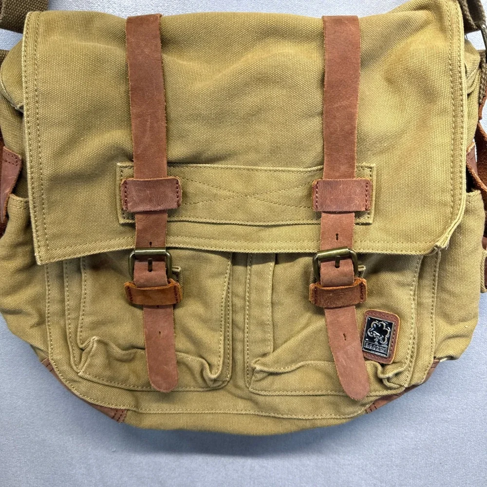 S.C. Cotton Military Messenger Bag Khaki Canvas Leather Trim Crossbody Satchel